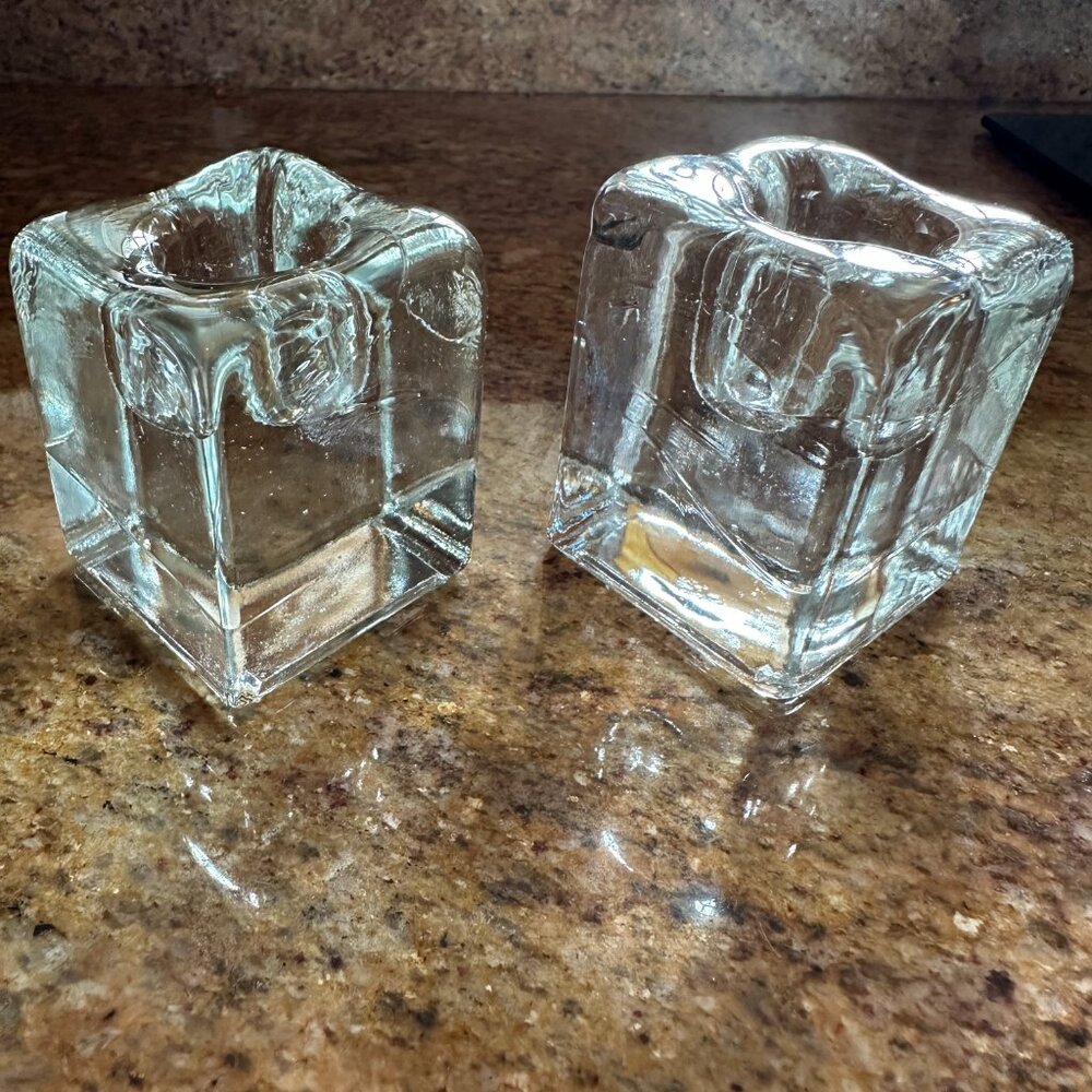 Blenko Clear Ice Cube Pillar Candle Holder Set Pair of 2, 2.25 -2.5" MCM VTG